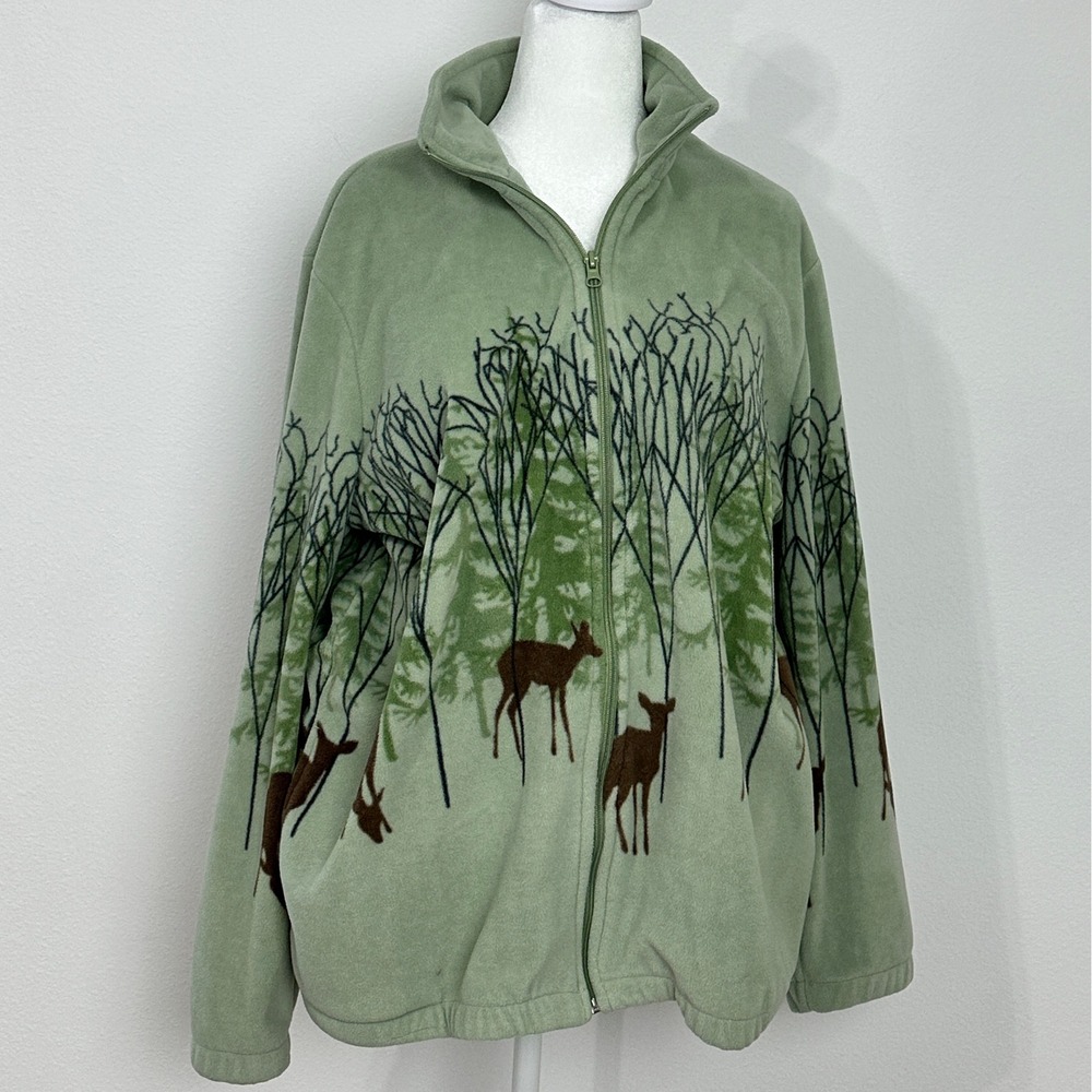 Blair Fleece Jacket Womens XLG Green Deer Woodland Print Good